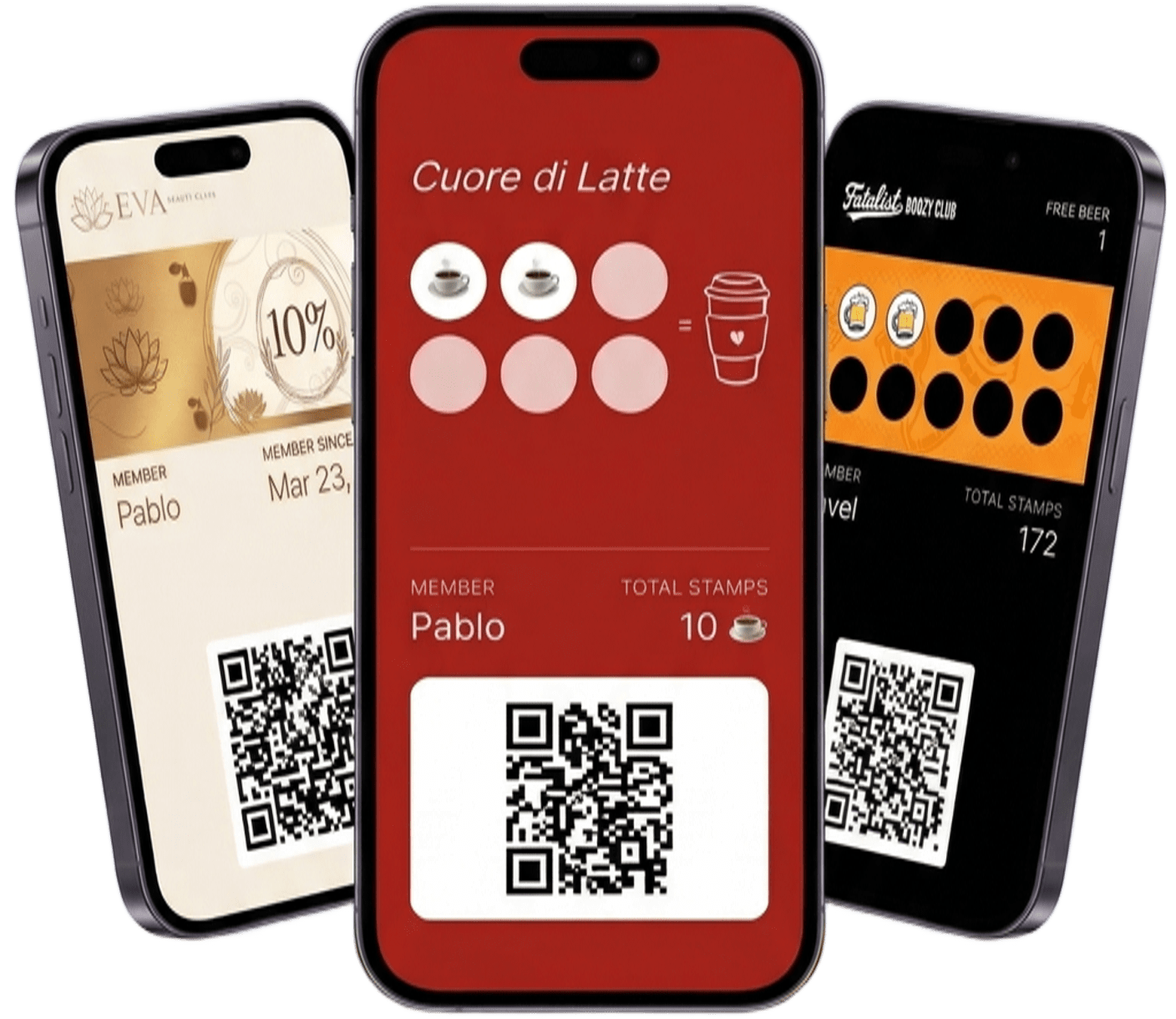 Examples of Loyalita loyalty cards displayed on mobile phones